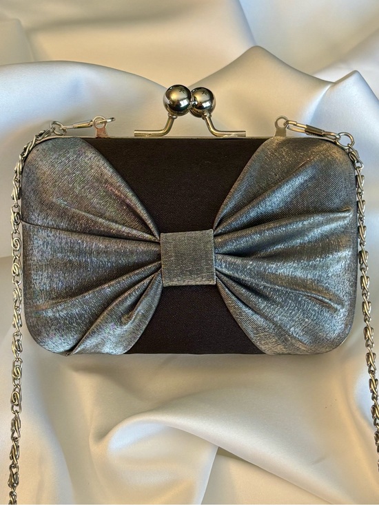 Handbags - Bow Satin Clutch Silver Black Evening Bag Wedding Formal Purse